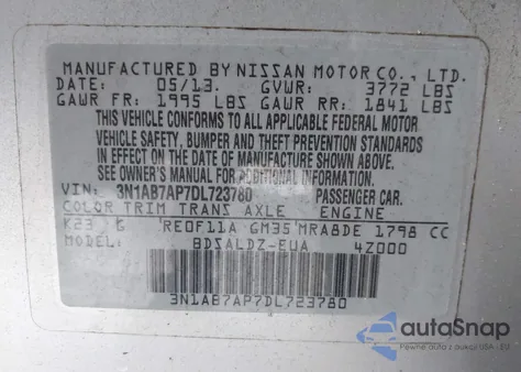 2013 Nissan Sentra Sv z USA, uszkodzony, nr VIN 3N1AB7AP7DL723780